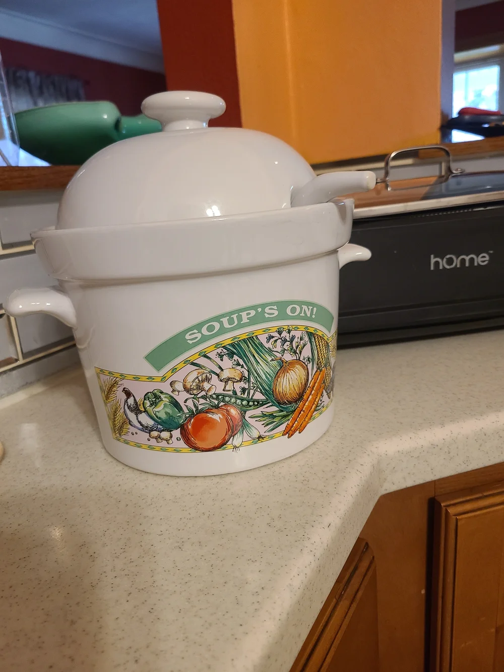 Vintage White Ceramic 'Soup's On!' Crock with Vegetable Motif